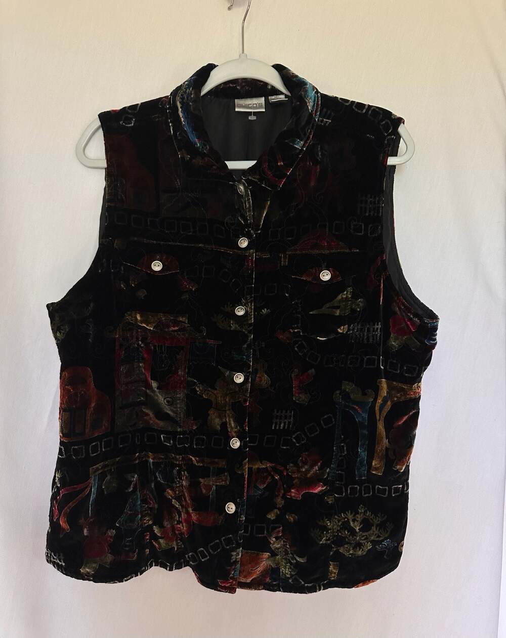 Chico's Women's Asian Motif Silk Blend Velvet Sleeveless Vest Size 3
